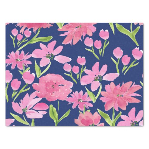 Pink Floral Watercolor on Navy Background  Tissue Paper