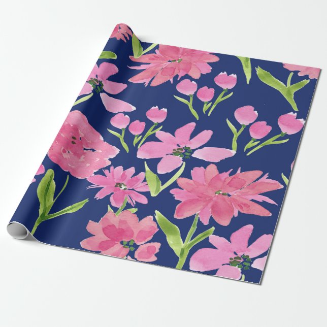 Pink Floral Watercolor on Navy Background  Wrapping Paper (Unrolled)