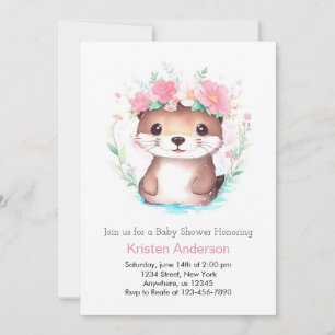 Pink Floral Watercolor Otter Girl Baby Shower Invitation