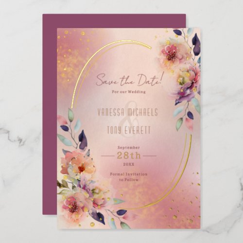 Pink Floral Watercolor Oval Wedding Save the Date Foil Invitation
