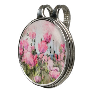 Pink Floral Watercolor Painting Tulips Poppies Golf Hat Clip
