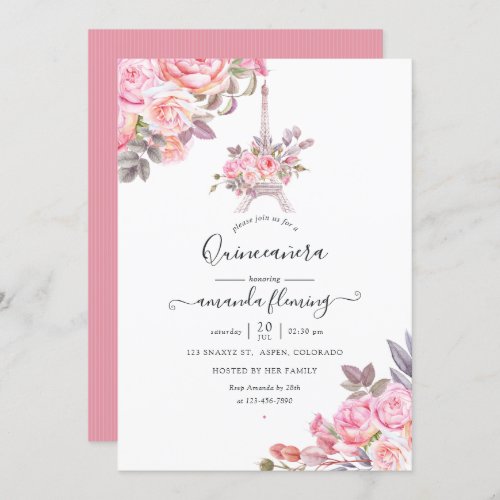 Pink Floral Watercolor Paris Quinceaera Invitation