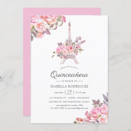 Pink Floral Watercolor Paris Quinceaera Photo Invitation