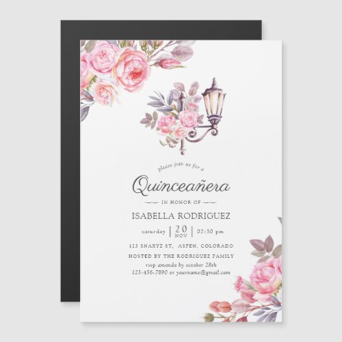 Pink Floral Watercolor Paris themed Quinceaera Magnetic Invitation