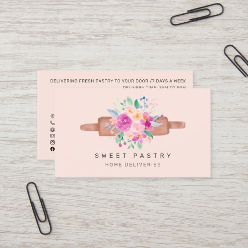 Pink floral watercolor pastry bakery rolling pin business card