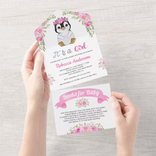 Pink Floral Watercolor Penguin Baby Shower All In One Invitation
