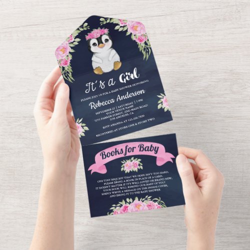 Pink Floral Watercolor Penguin Navy Baby Shower All In One Invitation