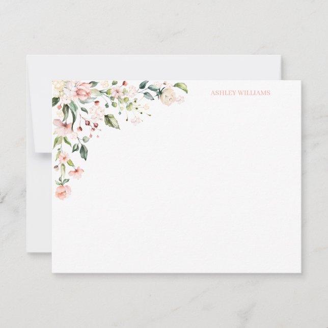 Pink Floral Watercolor Personalized Stationery Note Card (Front)