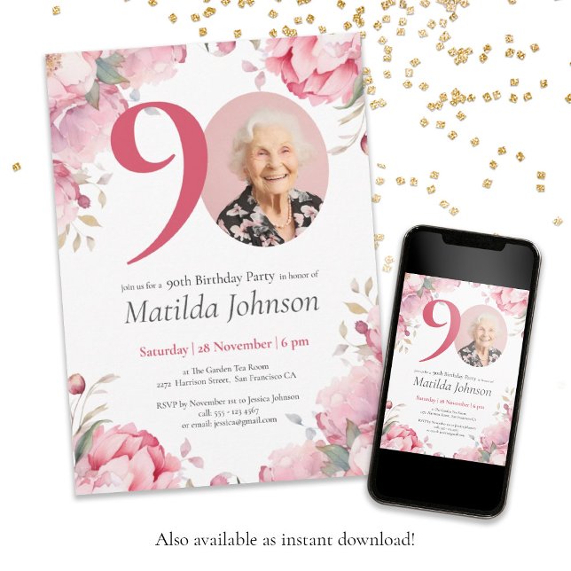 Pink Floral Watercolor Photo 90th Birthday Party Invitation (90th Birthday Pink Floral Watercolor Custom Photo Invitation)