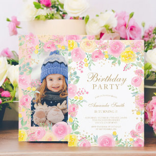 Pink floral watercolor photo kids birthday party invitation