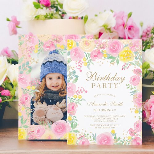 Pink floral watercolor photo kids birthday party invitation