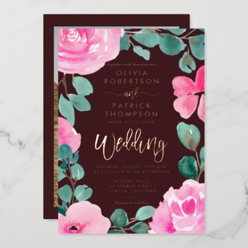 Pink floral watercolor photo wedding rose gold foil invitation