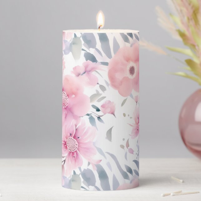 Pink Floral Watercolor  Pillar Candle (In Situ)