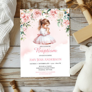 Pink Floral Watercolor Praying Girl Baptism Invitation