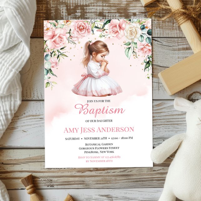 Pink Floral Watercolor Praying Girl Baptism Invitation (Creator Uploaded)