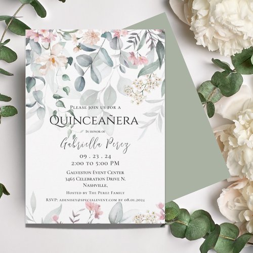 Pink Floral Watercolor Quinceaera Invitation