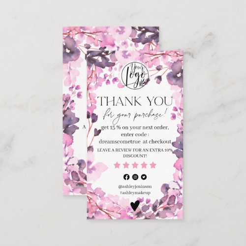 Pink floral watercolor review order thank you business card