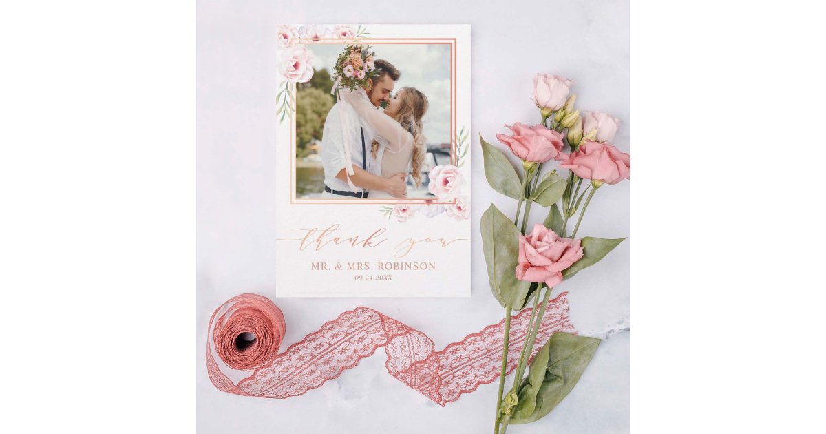 Pink Floral Watercolor Rose Gold Wedding Photo Thank You Card | Zazzle