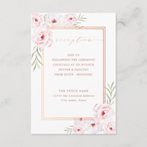 Pink Floral Watercolor Rose Gold Wedding Reception Enclosure Card