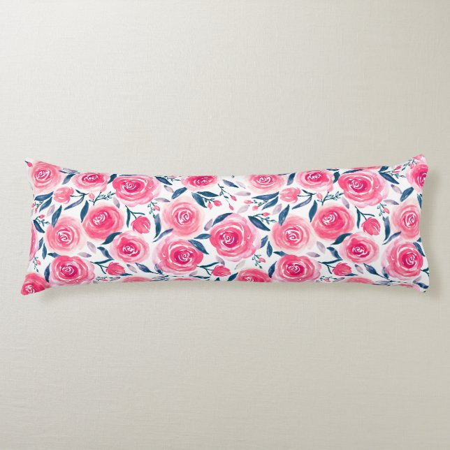 Pink Floral Watercolor Roses Pattern Body Pillow (Front)