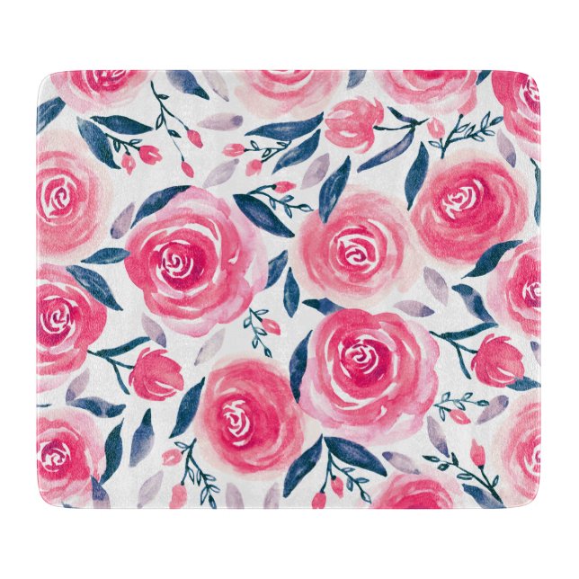 Pink Floral Watercolor Roses Pattern Cutting Board (Front)