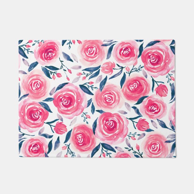 Pink Floral Watercolor Roses Pattern Doormat (Front)