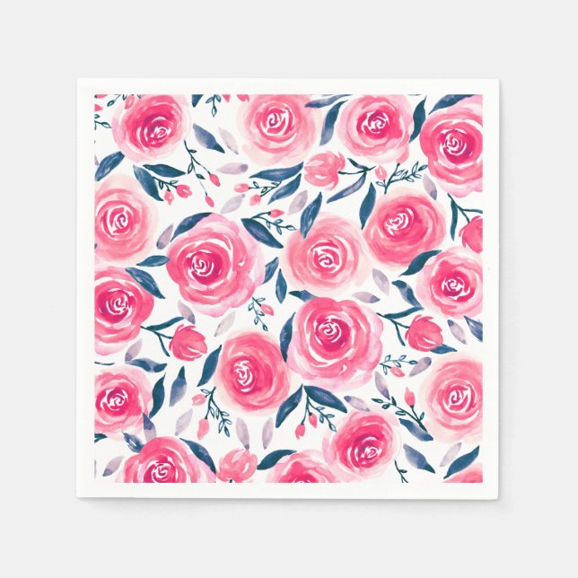 Pink Floral Watercolor Roses Pattern Napkins (Front)