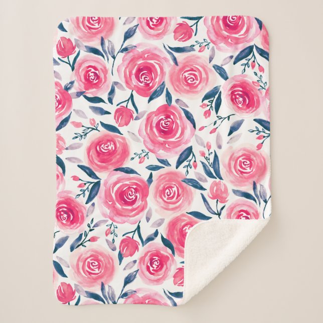 Pink Floral Watercolor Roses Pattern Sherpa Blanket (Front)