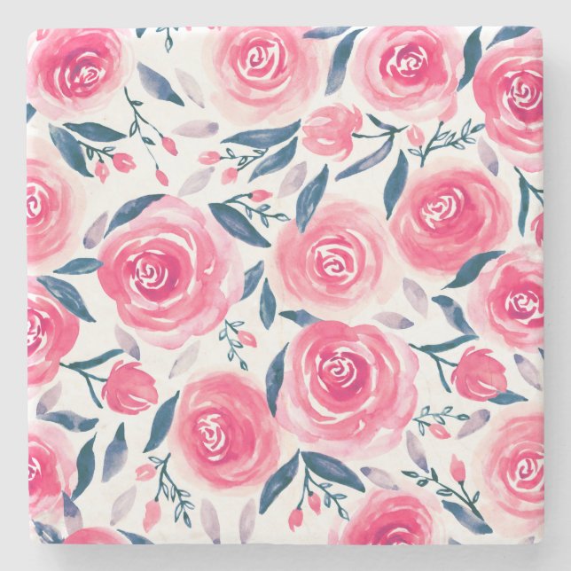 Pink Floral Watercolor Roses Pattern Stone Coaster (Front)