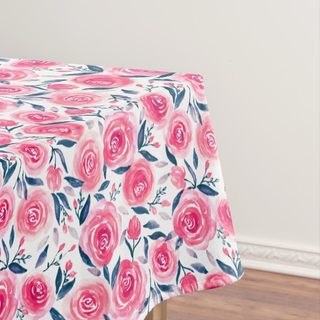 Pink Floral Watercolor Roses Pattern Tablecloth (In Situ)