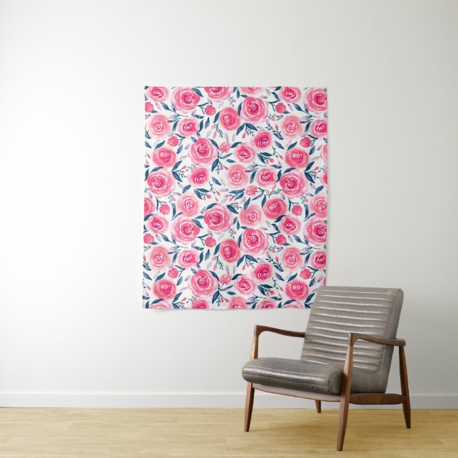 Pink Floral Watercolor Roses Pattern Tapestry (In Situ)