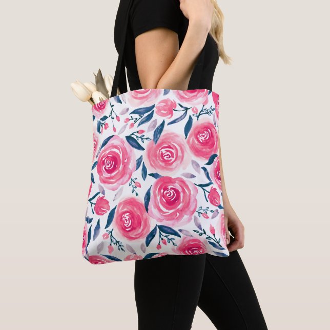 Pink Floral Watercolor Roses Pattern Tote Bag (Close Up)