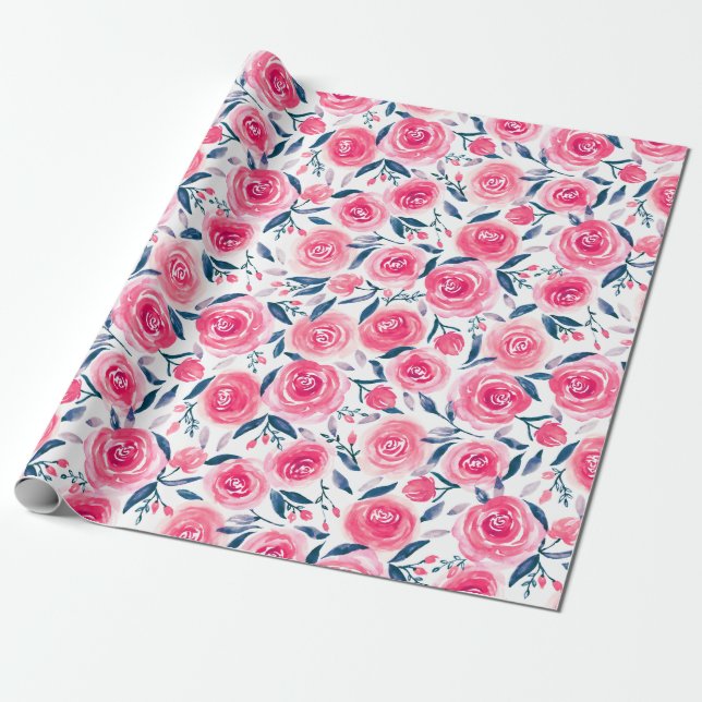 Pink Floral Watercolor Roses Pattern Wrapping Paper (Unrolled)