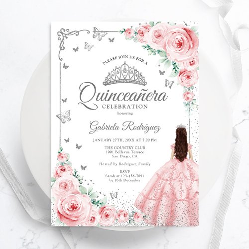 Pink Floral Watercolor Roses Silver Quinceanera Invitation