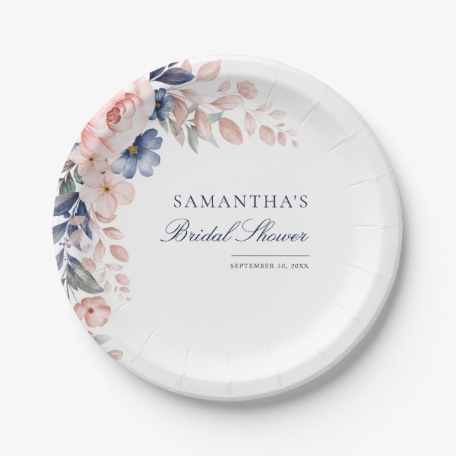 Pink Floral Watercolor Script Bridal Shower Paper Plates (Front)