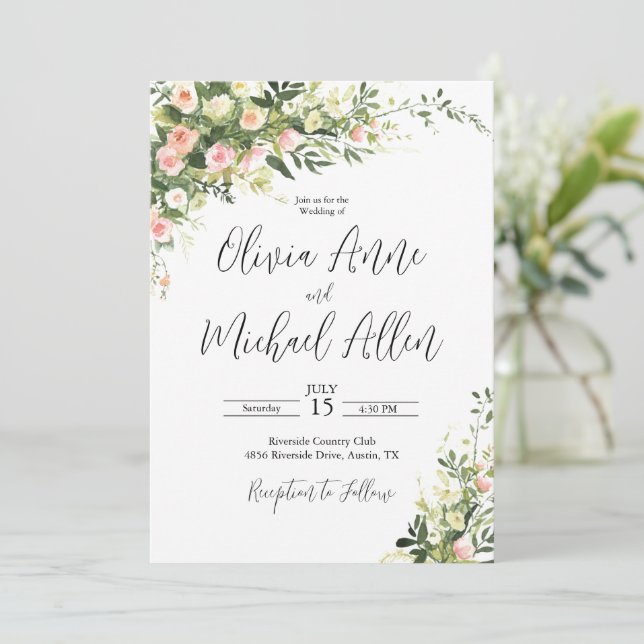Pink Floral Watercolor Script Invitation (Standing Front)