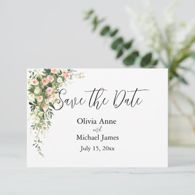 Pink Floral Watercolor Script Save The Date (Standing Front)