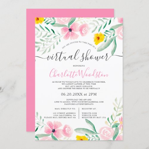 Pink floral watercolor script virtual shower invitation