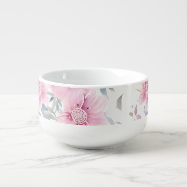 Pink Floral Watercolor  Soup Mug (Front)
