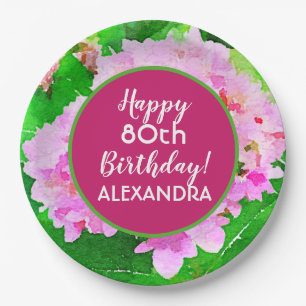Pink Floral Watercolor Splash 80th Birthday Paper Plates