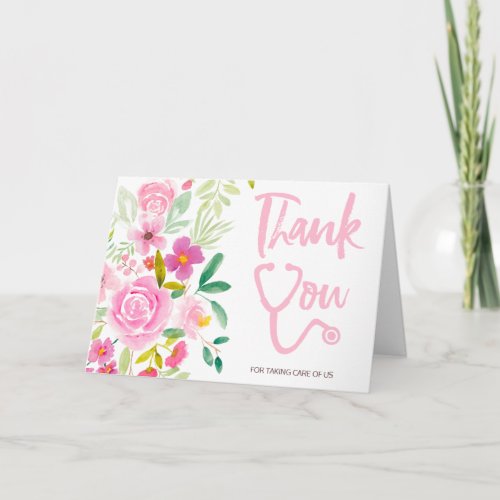 Pink floral watercolor stethoscope nurse thank you card