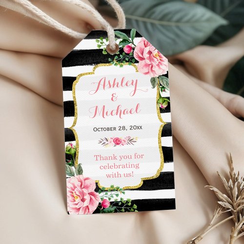 Pink Floral Watercolor Stripes Wedding Thank You Gift Tags