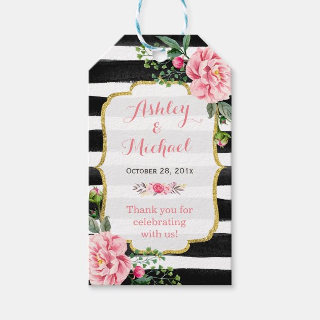 Pink Floral Watercolor Stripes Wedding Thank You Gift Tags