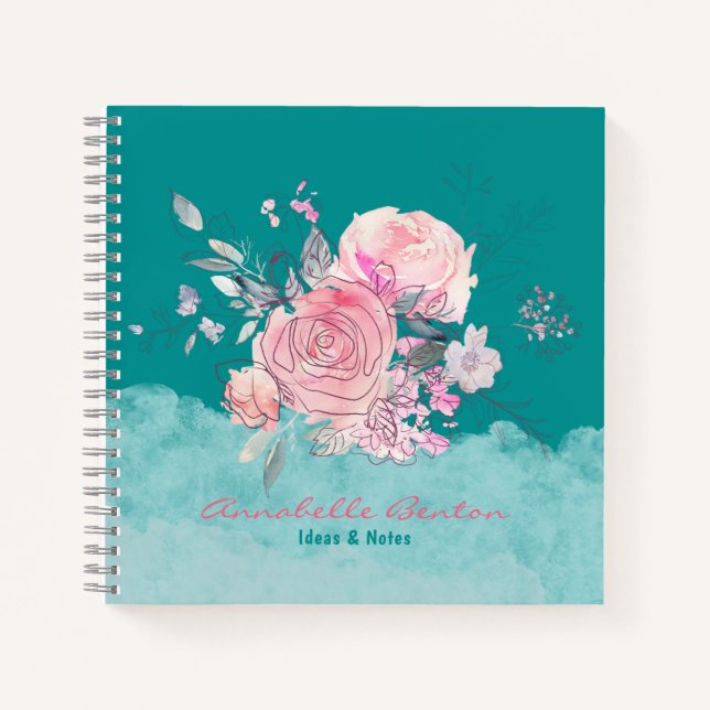 Pink floral watercolor teal elegant your name notebook (Front)