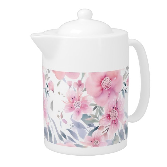 Pink Floral Watercolor  Teapot (Right)