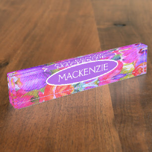 Pink Floral Watercolor Tulip Desk Name Plate