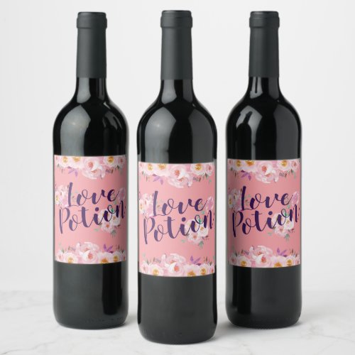 Pink Floral Watercolor Valentines Love Potion Wine Label