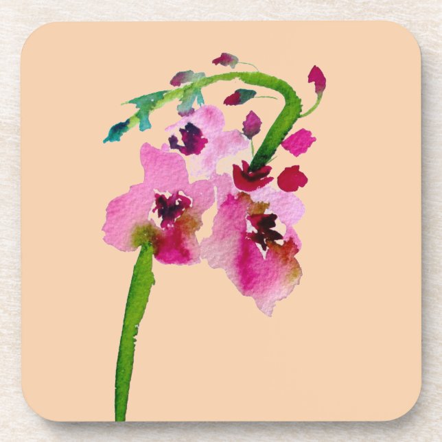 Pink floral watercolor verbascum blush flower beverage coaster (Front)