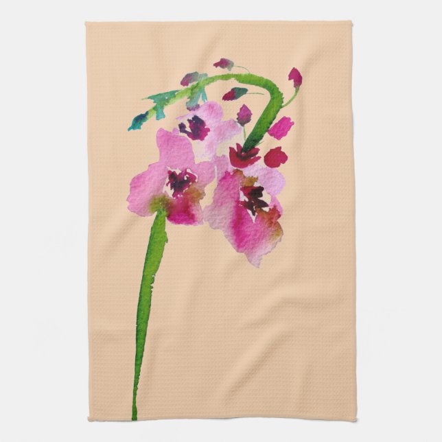 Pink floral watercolor verbascum blush flower kitchen towel (Vertical)