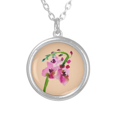 Pink floral watercolor verbascum blush flower silver plated necklace